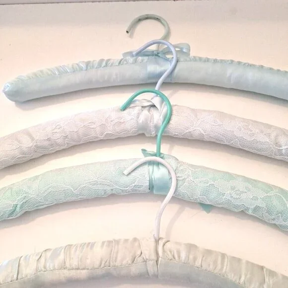 Blue & Green Padded Satin Lace Boudoir Lingerie Clothes Hangers 4 Lot - Picture 4 of 8